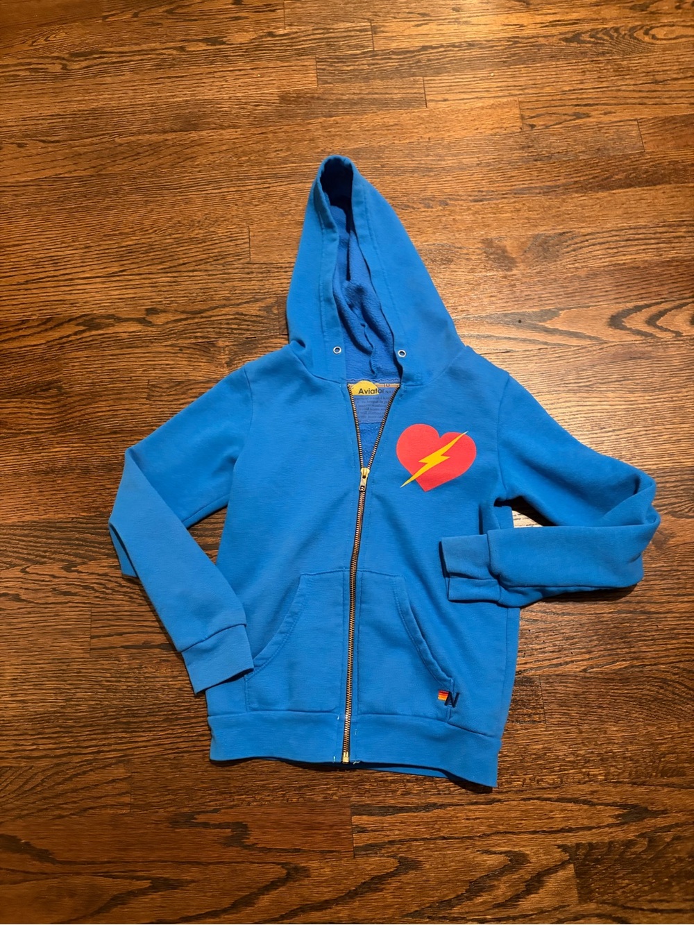 Aviator Nation Kids Royal Blue Zip Hoodie with Red Heart & Yellow Bolt